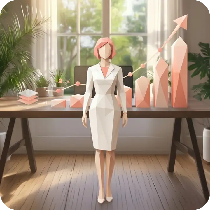 成果(上昇グラフ)を育てるための伴走をイメージした、女性とグラフのイラスト